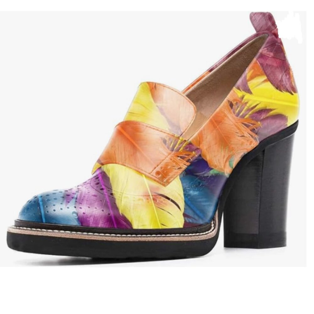 YDN Feather Chunky High Heels Round Toe Oxford Loafer Shoe